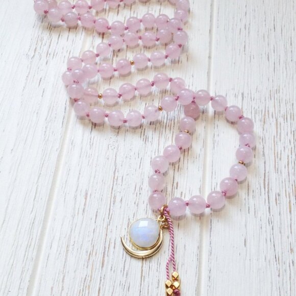 Rose Quartz Moonstone Meditation Necklace 108 - Picture 1 of 5